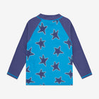 UV Protective Rash Vest Blue Starfish, back view, a blue shirt with navy blue sleeves and starfish pattern on the front panel.